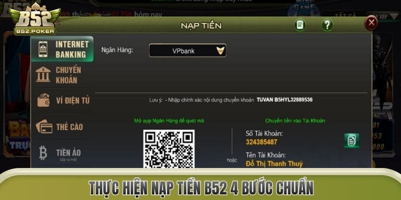 Thực hiện nạp tiền B52 4 bước chuẩn